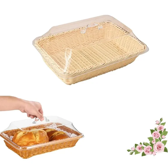 Woven Serving Basket with Acrylic Lid, Rectangular Wicker Style Storage Tray for Food, Fruit, Vegetable & Kitchen Storage(RL 1 PC)