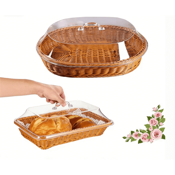 Woven Serving Basket with Clear Acrylic Cover, Rectangular Wicker Bread Basket with Lid, Imitation Rattan Food Tray for Fruit Vegetable Home Kitchen