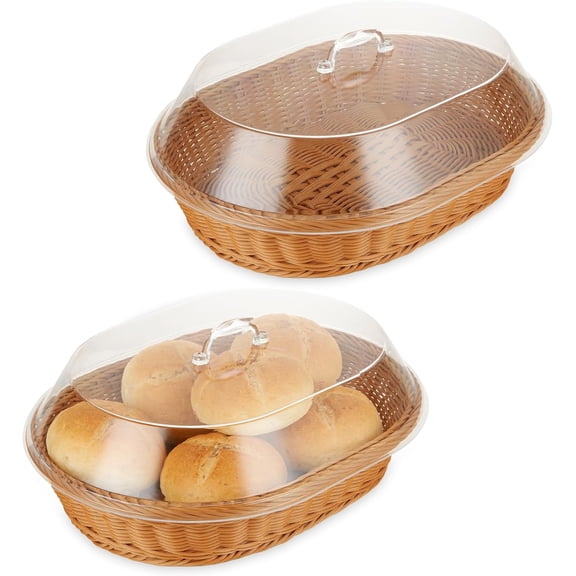 Woven Serving Basket with Clear Acrylic Cover, Wicker Large Bread Tray, Rectangular Imitation Rattan Food Storage