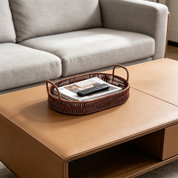 Woven Serving Tray, Brown, Polypropylene, Unique Handmade Design - Serving Baskets with Handles - Fruit Basket, Decorative Tabletop Tray.S