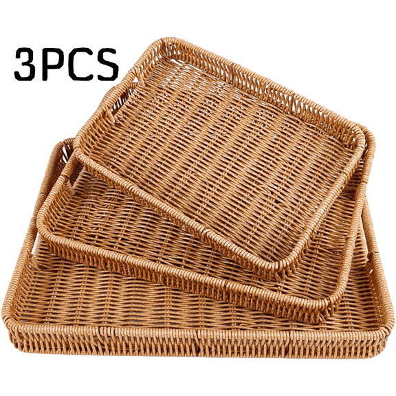 Woven Serving Tray with Handles,Handmade Poly Wicker Tray for Storage Breakfast,Drinks,Fruits,Rectangular Basket Organizer Platters for Coffee Table Centerpiece Decor (3, Light Color)