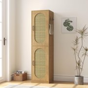 Woven Shoe Cabinet with Rattan Doors and Metal Hooks for Entryway, 20 Pairs Free Standing Tall Shoe Storage Cabinet with Wood Adjustable Shelves and Boot Organizer for Living Room Closet