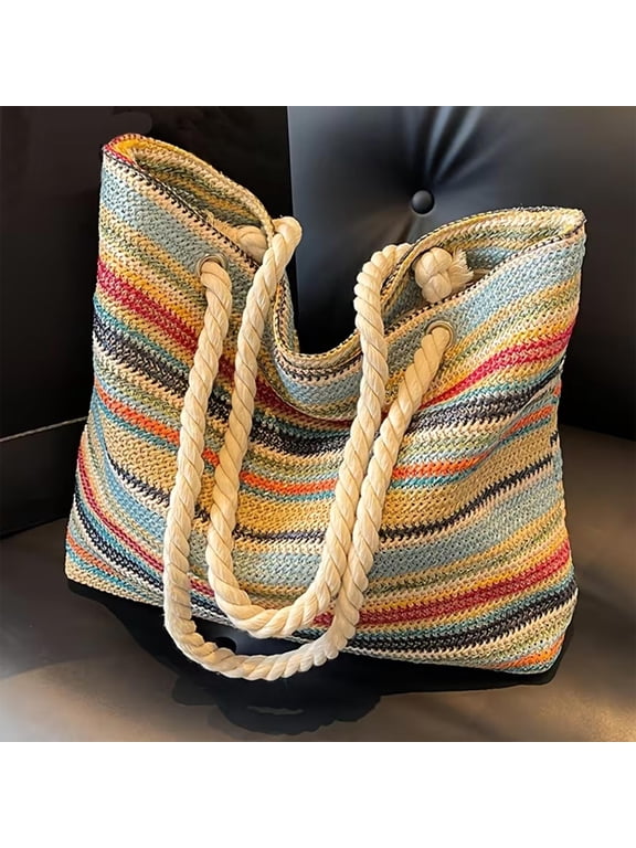 Woven Shoulder Bag For Women Large Capacity Handbag Casual Tote Bag Lightweight Fabric Shoulder Purse for Travel Work Shopping Daily Use Fashion Handbag Beach Bag Summer Tote Vacation Handbag