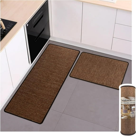 Woven Sisal Style Kitchen Rug Set - 2PCS (17x47 & 17x29), Farmhouse Style, Non-Printed Surface, Non-Slip, Machine Washable, Brown