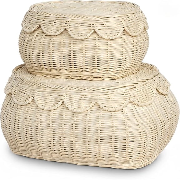 Woven Storage Basket, 2-Piece Set Rustic Rattan Desktop Nesting Bin Countertop Key Tray Entryway Sundries Organizer Container for Home Decor