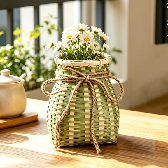 Woven Storage Basket 5.1 Inch, Small Bamboo Style Organizer with Jute Rope Decoration, Multi-Purpose Desk Kitchen Bathroom Caddy