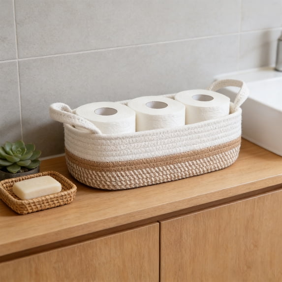 Woven Storage Basket for Bathroom, Toilet Tank Organizer Bin, Decorative Rope Basket for Countertops, Versatile Home Decor Tidying Container for Living Room, Bedroom Shelves