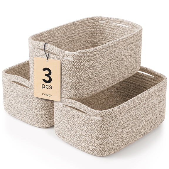 Woven Storage Basket, Beige, 100% Cotton Rope, Sturdy Handles, Versatile Organizer for Laundry, Toys, Blankets, and More, 3Pcs