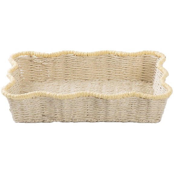 Woven Storage Basket, Coiled Paper Rope Tray Rectangle Shallow Desktop Organizer Scalloped Edge Vanity Bin Cosmetics Holder Caddy for Coffee Table Countertop Home Decor