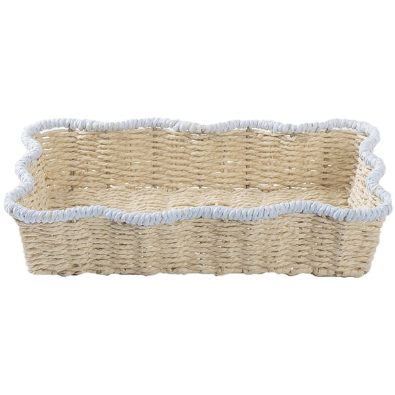 Woven Storage Basket, Coiled Paper Rope Tray Rectangle Shallow Desktop Organizer Scalloped Edge Vanity Bin Cosmetics Holder Caddy for Coffee Table Countertop Home Decor