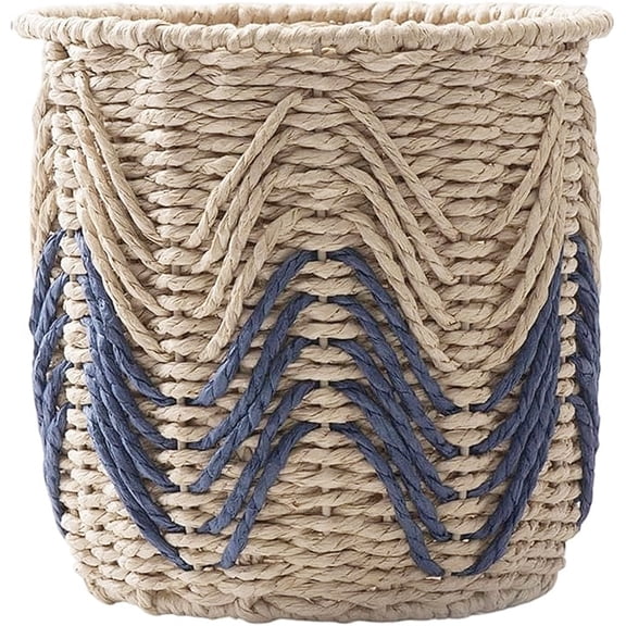 Woven Storage Basket, Coiled Paper Rope Waste Basket Cylinder Desktop Makeup Caddy Wave Pattern Vanity Container for Living Room Craft Pantry Home Decor