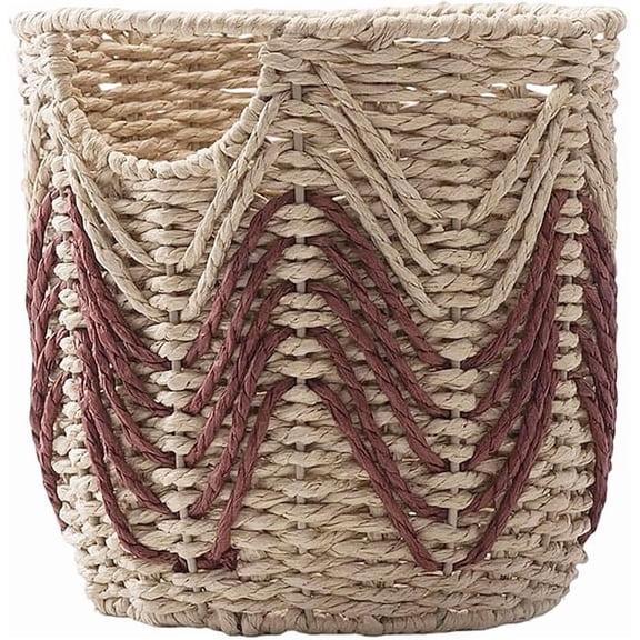 Woven Storage Basket, Coiled Paper Rope Waste Basket Cylinder Desktop Makeup Caddy Wave Pattern Vanity Container for Living Room Craft Pantry Home Decor