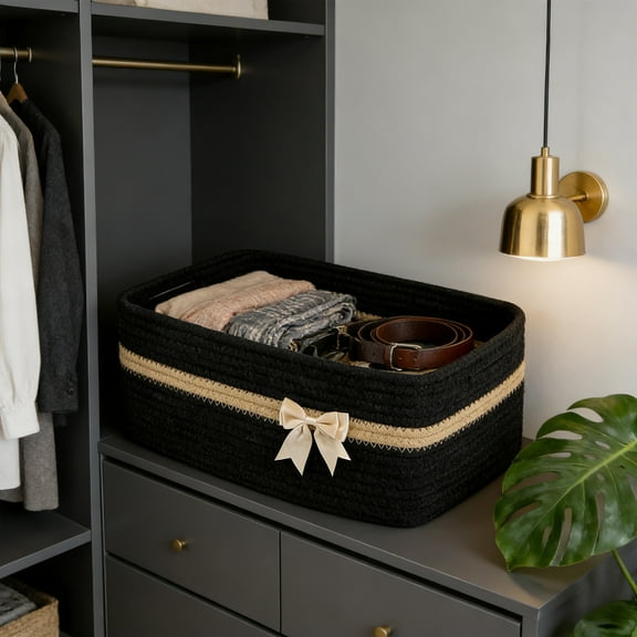 Woven Storage Basket, Cotton Rope Gift Bin, 13.6x10x5.9 Inch Collapsible Organizer for Entryway
