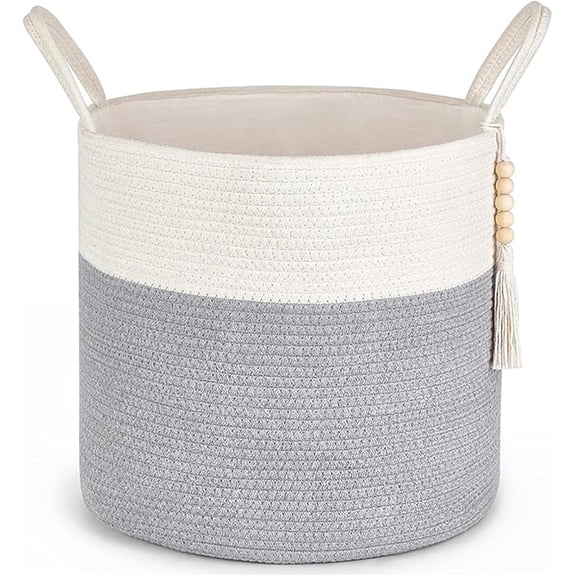 Woven Storage Basket, Cotton Rope Laundry Hamper Round Clothes Bin Utility Bucket Organizer with Handles and Tassel Garland Accent for Bedroom Living Room Home Decor