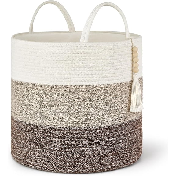 MY Woven Storage Basket Decorative Natural Rope Basket Wooden Bead Decoration for Blankets,Toys,Clothes,Shoes,Plant Organizer Bin with Handles Living Room Home Decor, Jute, 16" W × 13.8"L