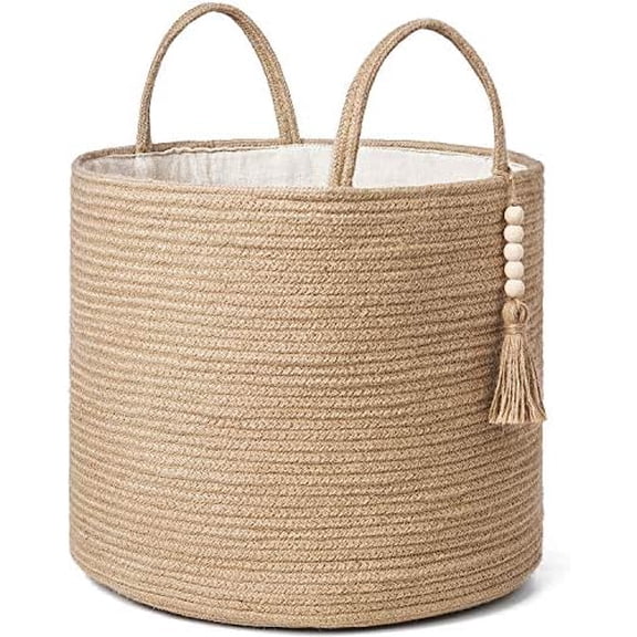 Woven Storage Basket Decorative Natural Rope Basket Wooden Bead Decoration for Blankets,Toys,Clothes,Shoes,Plant Organizer Bin with Handles Living Room Home Decor, Jute, 16" W × 13.8"L