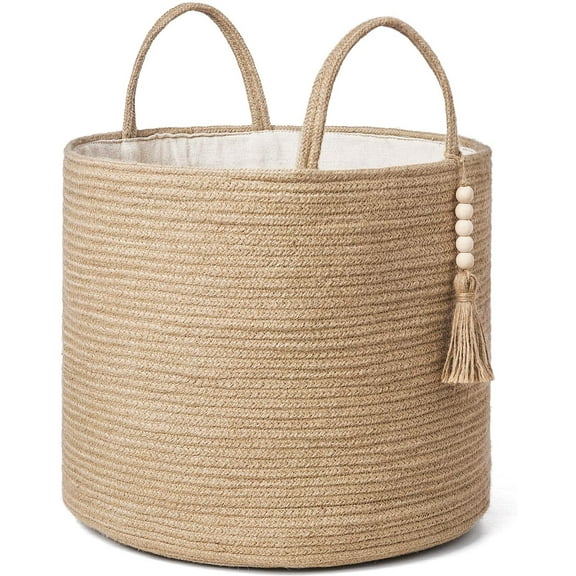 Woven Storage Basket Decorative Natural Rope Basket Wooden Bead Decoration for Blankets,Toys,Clothes,Shoes,Plant Organizer Bin with Handles Living Room Home Decor, Jute, 16" W 13.8"L