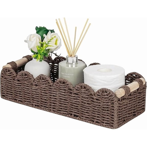 Woven Storage Basket, Desktop Coffee Table Storage Box, Paper Rope Wicker Bin Container Organizer with Wood Handles for Cosmetics Snacks Toiletries and Daily Miscellaneous Item Sorting