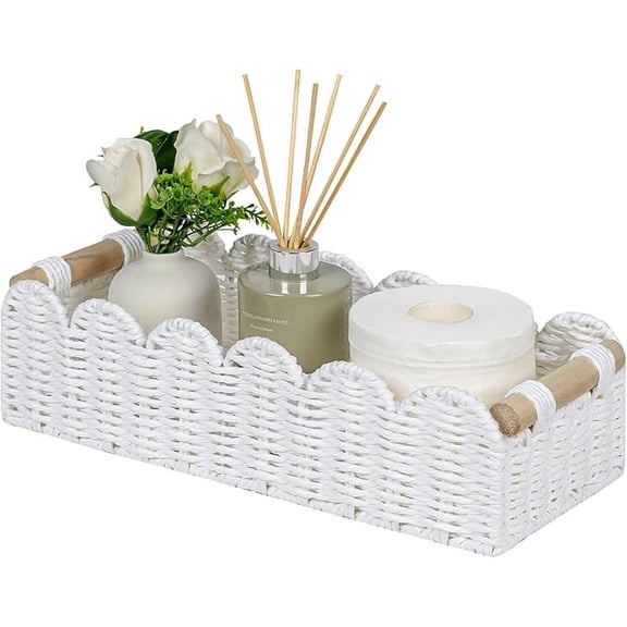 Woven Storage Basket, Desktop Coffee Table Storage Box, Paper Rope Wicker Bin Container Organizer with Wood Handles for Cosmetics Snacks Toiletries and Daily Miscellaneous Item Sorting