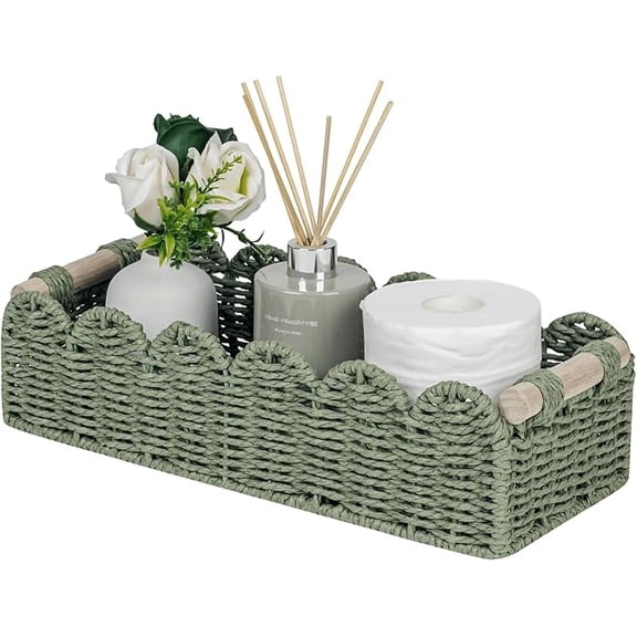 Woven Storage Basket, Desktop Coffee Table Storage Box, Paper Rope Wicker Bin Container Organizer with Wood Handles for Cosmetics Snacks Toiletries and Daily Miscellaneous Item Sorting
