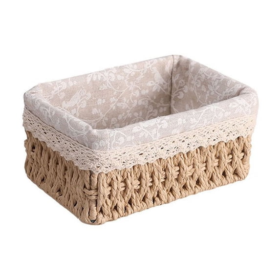 Woven Storage Basket Desktop Coffee Table Storage Box Snack Cosmetics Storage Basket Rattan Storage Box, Khaki S 18*12*9cm (7.1*4.7*3.5 inches)
