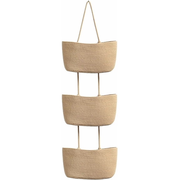 Woven Storage Basket, Detachable Wall Mounted 3 Tier Hanging Organizer Braided Cotton Rope Basket Set Over The Door Pantry Fruit Vegetable Storage Holder Home Decor, 1 Pack