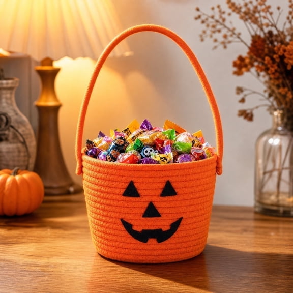 Woven Storage Basket, Halloween Pumpkin Jack-O-Lantern Cotton Rope Bucket Holiday Tabletop Candy Holder Decorative Tote Container for Home Decor, Orange, 1 Pack
