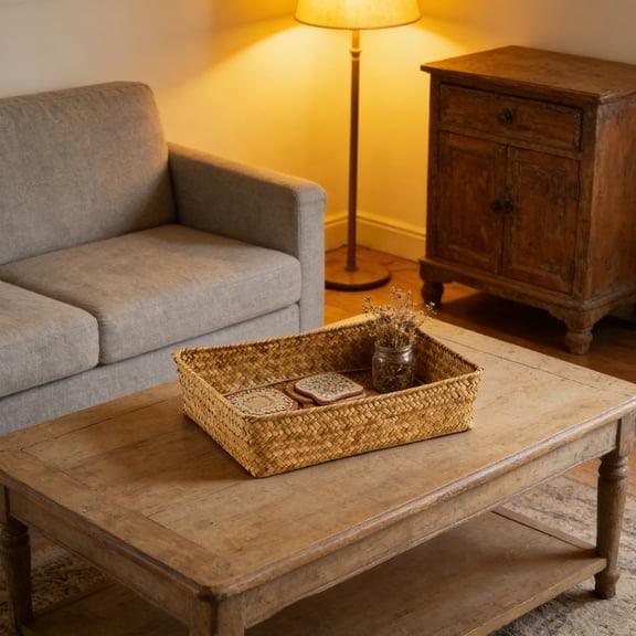 Woven Storage Basket - Handcrafted Wicker Desktop Organizer with Natural Texture for Home Office Entryway, 11 x 7.3 x 2.2 in, (Orange), Ccwuwei