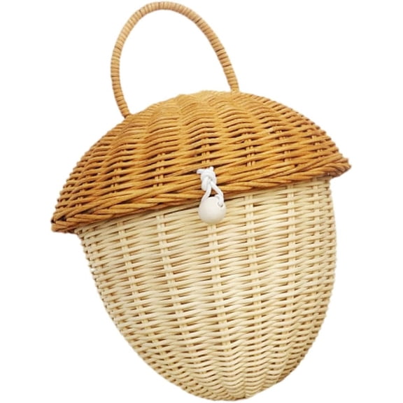 Woven Storage Basket, Handheld Rattan Basket Cylindrical Gift Box Cosmetic Organizer Tote Case with Lid and Loop Closure for Bedroom Living Room Home Decor, 1 Pack