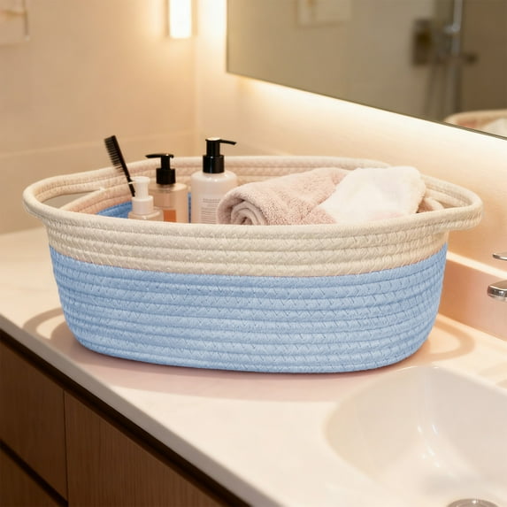 Woven Storage Basket with Handle | Fabric Rope Organizer Bin for Shelves, Closet, or Pantry | 12 x 8 x 5 Inch Decorative Gift Basket for Home Decor, Toys, or Toiletries