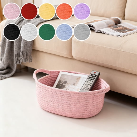 Woven Storage Basket with Handle - Pink Oval Small Cotton Rope Basket for Organizing Cute Empty Gift Basket for Nursery,Toy Storage,Perfect Easter Basket