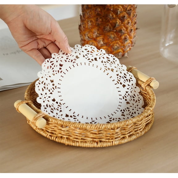 Woven Storage Basket Handled Desktop Organization Compartment for Kitchen Counter Fruit and Snack Display, Bathroom Shelf Storage Bin, Office Items Tidy Tray