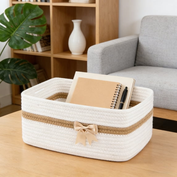 Woven Storage Basket with Handles for Holiday Organization,Natural Fiber Decorative Bin for Gift Wrapping and Home Decor,Multipurpose Container for Toys,Blankets and Household Items(White)