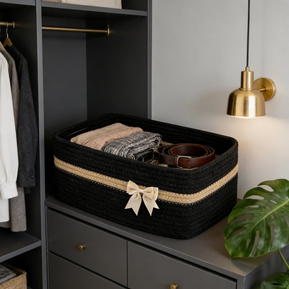 Woven Storage Basket with Handles for Holiday Organization,Natural Fiber Decorative Bin for Gift Wrapping and Home Decor,Multipurpose Container for Toys,Blankets and Household Items(Black)