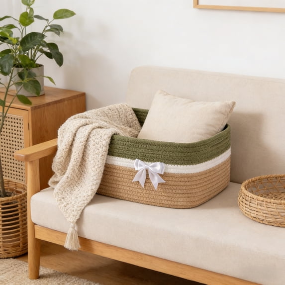 Woven Storage Basket with Handles for Holiday Organization,Natural Fiber Decorative Bin for Gift Wrapping and Home Decor,Multipurpose Container for Toys,Blankets and Household Items(Green)