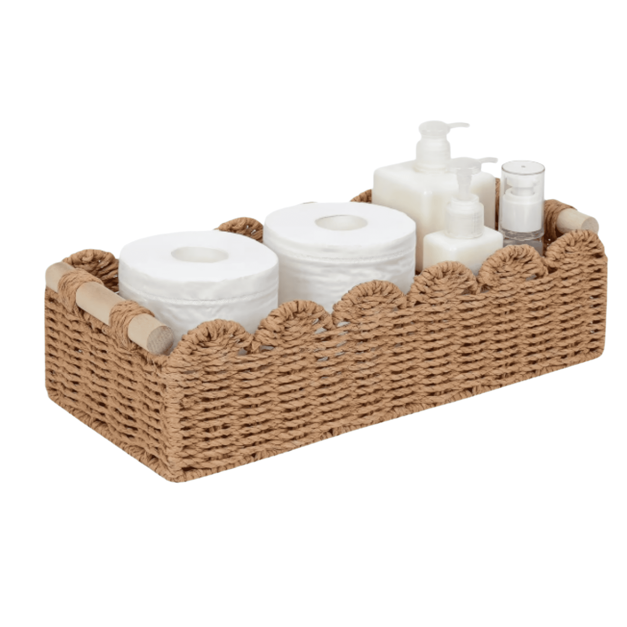 Woven Storage Basket Handmade, Paper Rope Toilet Paper Basket with Wooden Handles, Neutral Decorative Wicker Storage Organiser for Living Room, Home, Bathroom, Large