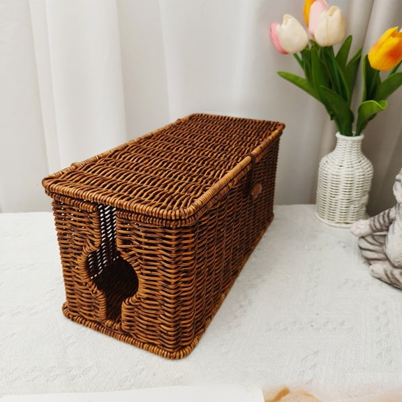 Woven Storage Basket with Hollow Design and Washable Plastic Material,Multi-Purpose Organizer for Living Room and Office Desktop,Space Saving Solution for Charging Cables and Small Items(Brown)
