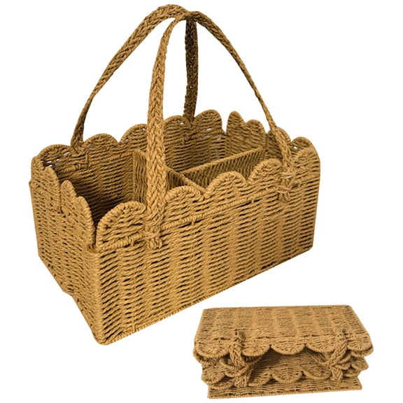Woven Storage Basket, Home Decor, Foldable Paper Storage Bin with Scalloped Rim and Handles 15 Inch Organising Compartment Caddy for Magazine Blanket Craft Supplies