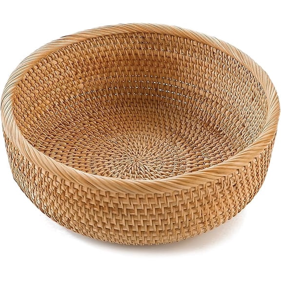 Woven Storage Basket, Home Decor, Natural Rattan Woven Fruit Basket Round Desktop Food Tray Bread Bowl for Kitchen Dining Table Pantry Countertop Organizer