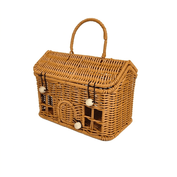 Woven Storage Basket , House Shaped Picnic Caddy with Lid and Folding Handle , Plastic Rattan and Synthetic Fiber Brown , Outdoor Picnic Home Organization and Decorative Storage