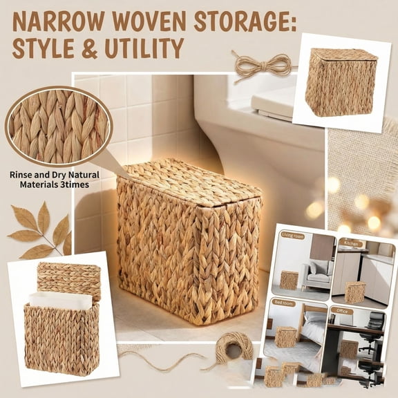 Woven Storage Basket with Lid Water Hyacinth Organizer Bin Slim Rectangular Wicker Box,Handwoven Decorative Container with Hinged Cover for Toilet Paper,Rustic Boho Desktop Sorting Bin