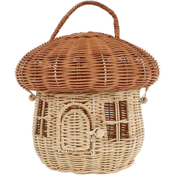 Woven Storage Basket, Mushroom Shaped Rattan Handheld Flower Gift Basket Novelty Wicker House Bin with Lid and Handle for Tabletop Desk Countertop Home Decor