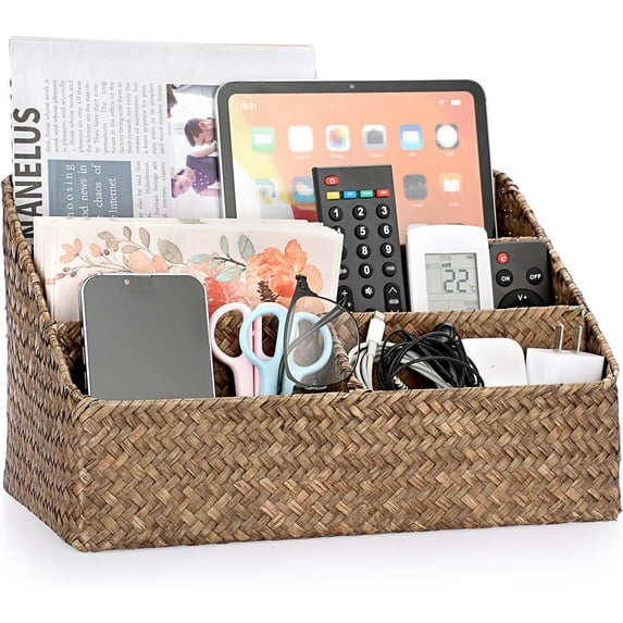 Woven Storage Basket Natural Seagrass Vertical Wicker Storage Baskets with 4 Compartments Desk Organizers and Storage Magazine File Holder Home Office Supplies Sorter Rack, Coffee
