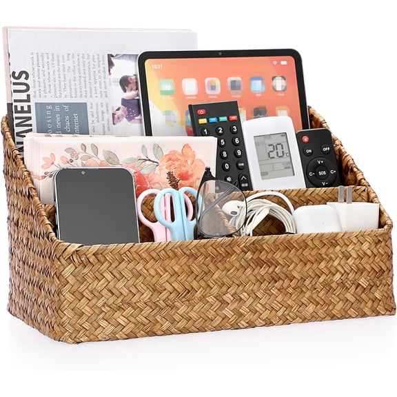 Woven Storage Basket Natural Seagrass Vertical Wicker Storage Baskets with 4 Compartments Desk Organizers and Storage Magazine File Holder Home Office Supplies Sorter Rack, Caramel