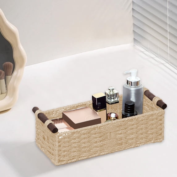 Woven Storage Basket Paper Rope Organizer, Handcrafted Rectangular Basket with Handles, Eco Friendly Storage Bin for Shelves Bathroom Living Room Office Organization