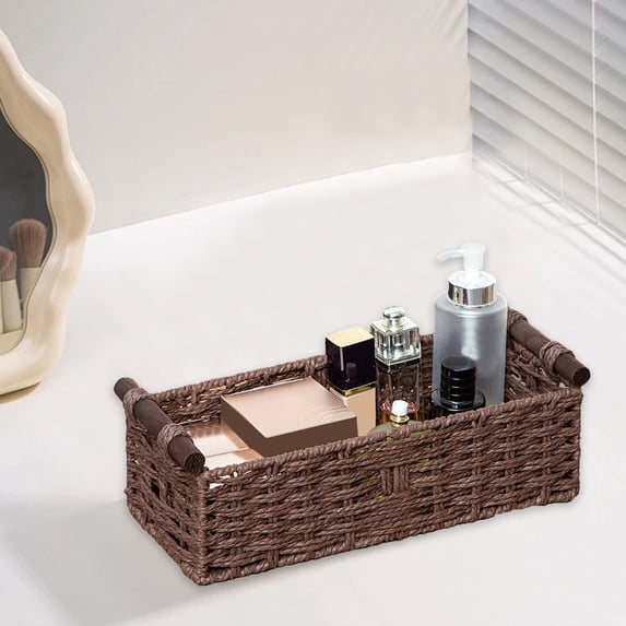 Woven Storage Basket Paper Rope Organizer, Handcrafted Rectangular Basket with Handles, Eco Friendly Storage Bin for Shelves Bathroom Living Room Office Organization