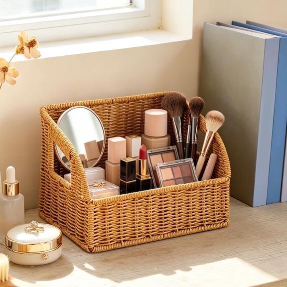 Woven Storage Basket, Plastic Imitation Wicker Desktop Basket, Angled Open Top for Bathroom Kitchen Office Organizing