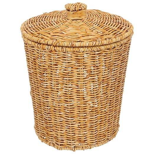Woven Storage Basket, Plastic Rattan Laundry Hamper with Lid Wicker Style Clothes Bin Box Blanket Toy Storage Organizer Holder Home Decor, 1 Pack
