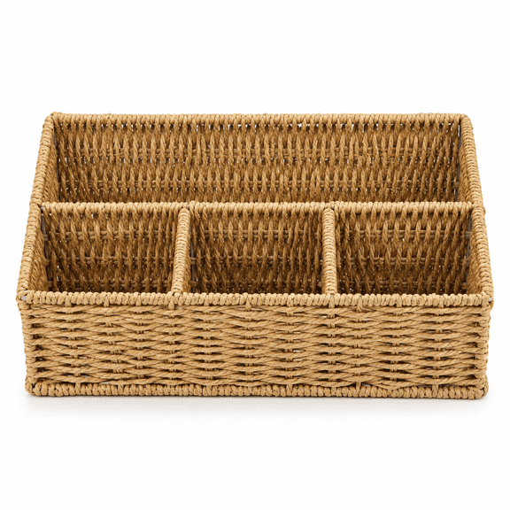 Woven Storage Basket Rattan Vertical Wicker Storage Baskets with 4 Compartments Desk Organizers and Storage Magazine File Holder Home Office Supplies Sorter Rack, Wicker Mail Organizer