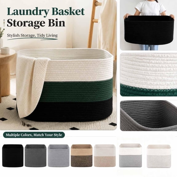 Woven Storage Basket, Rope Laundry Basket, 22X17X12 Inch Rectangular Basket, Green Laundry Basket with Black Trim, Coiled Washable Cotton Rope Basket for Blanket Storage, Shelf